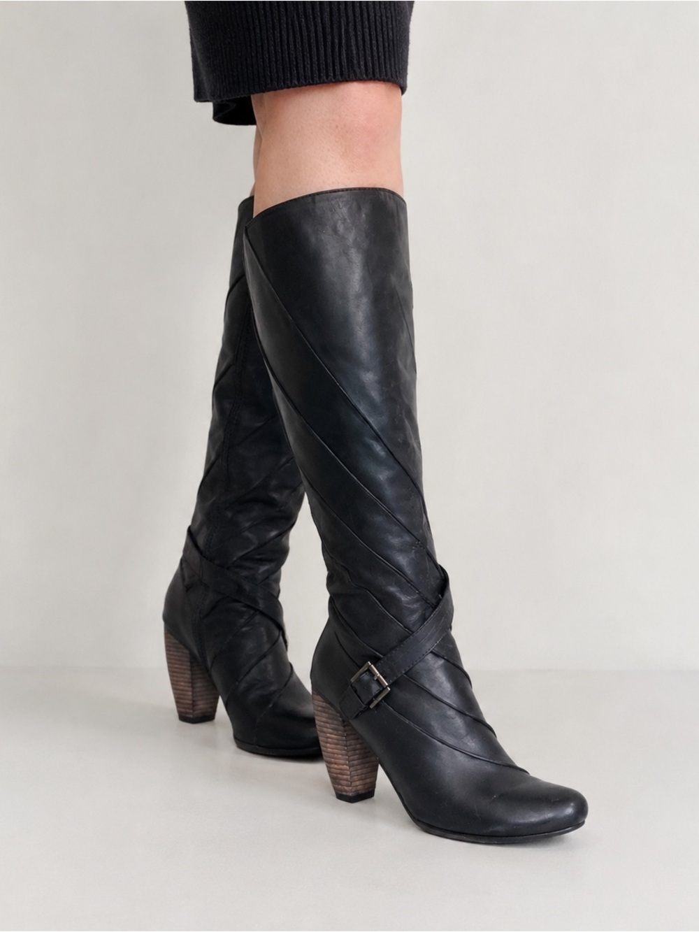 Jump Turbo Black Leather Boots with Buckle Strap & Stacked Heel